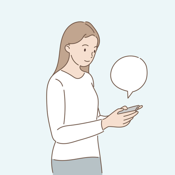 Mulher conversando através de um aplicativo móvel. Conceito de comunicação online. Estilo desenho à mão. Ilustração vetorial. - Vetor, Imagem