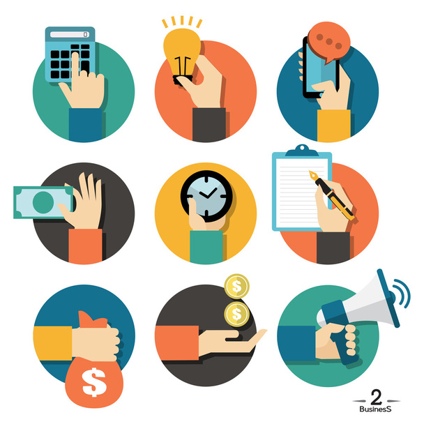 Hands with business object icons set - Vector, Image