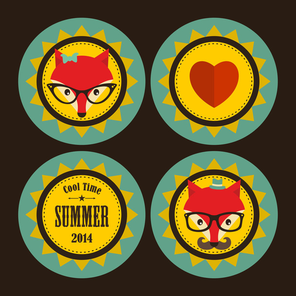 Set of sunny labels with hipster fox and heart. - Vektör, Görsel