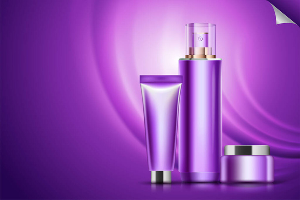 Шаблон косметичної реклами з глянцевими пляшками на творчому фіолетовому фоні в 3d ілюстрації
 - Вектор, зображення