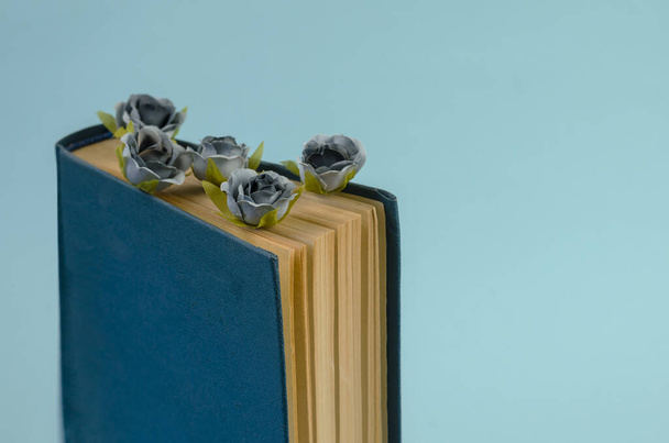 El libro viejo es una cubierta azul dura con flores entre las páginas. Flores grises pequeñas. El libro está sobre un fondo azul. Enfoque selectivo. - Foto, Imagen