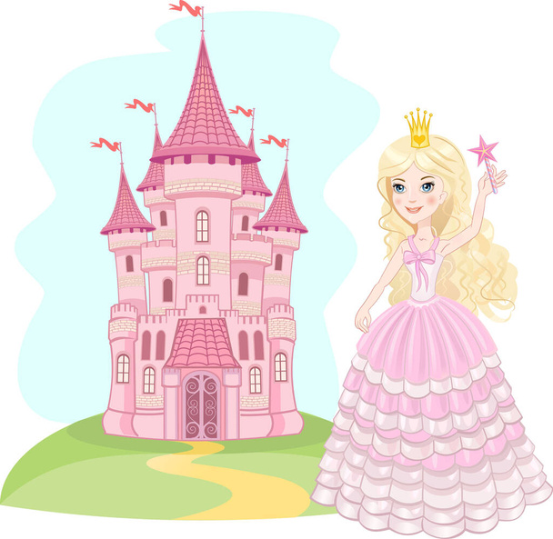 Tündérmese kastély. Levegő-vár és hercegnő - Vektor, kép