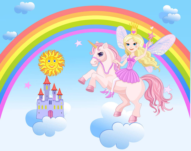 Sky Castle and Rainbow Little Fairy and Unicorn  - Vector, Image