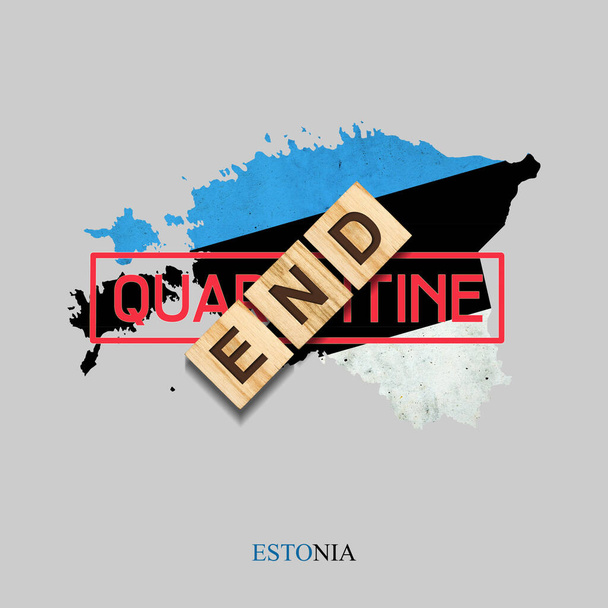 Vége a karanténnak. A felirat a fa blokkok hátterében a térkép Észtország. A világjárvány vége. Az ország beléphet. 3D illusztráció. Elszigetelve. Üzlet. Utazások - Fotó, kép