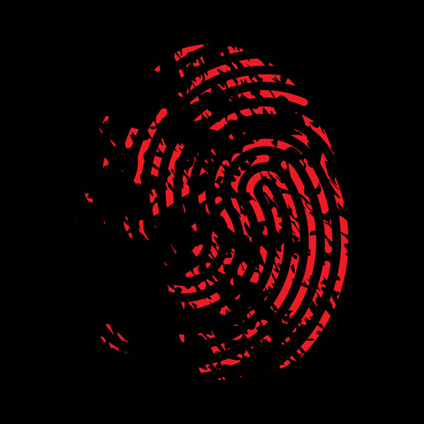 Blutiges Fingerabdrucksymbol. Mordbiometrie markiert die Illustration. Mysteriöse Spur auf schwarzem Hintergrund. - Vektor, Bild
