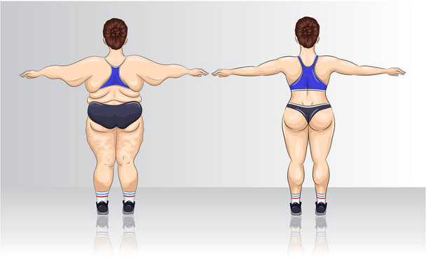 Μετασχηματισμός σώματος γυναίκας από υπέρβαρο σε λεπτό μετά τον αθλητισμό ή τη δίαιτα - Διάνυσμα, εικόνα
