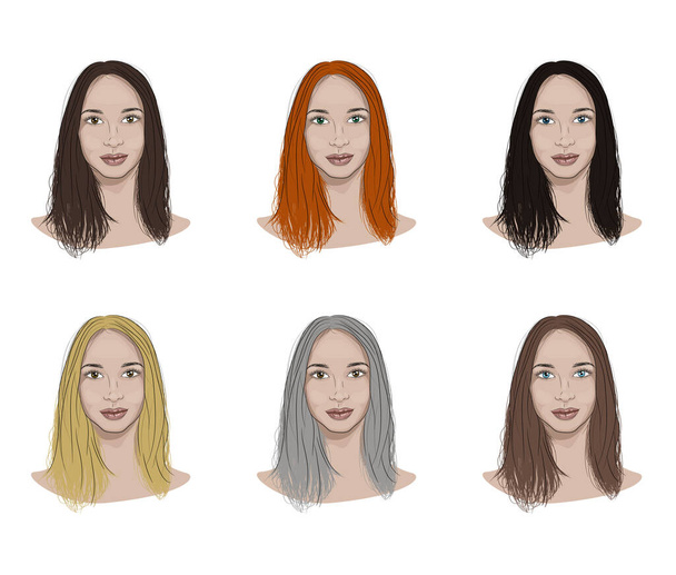 Εικονογράφηση προσώπου γυναίκας με διαφορετικά χρώματα μαλλιών και ματιών - Διάνυσμα, εικόνα