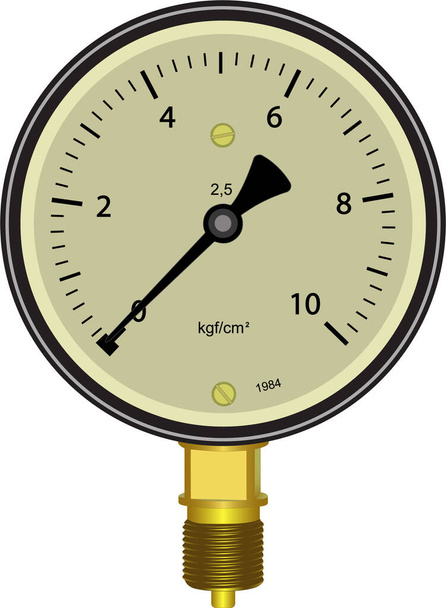 Un manómetro (año 1984) para la suciedad 10 kg-cm con rosca de latón (vista frontal) - Vector, Imagen