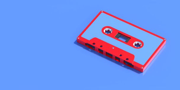 Audio-Kassettenband rote Farbe mit leerem Aufkleber-Etikett auf hellblauem Hintergrund, Vintage-Retro-Partymusik, 80er-Jahre-Songs. 3D-Illustration - Foto, Bild
