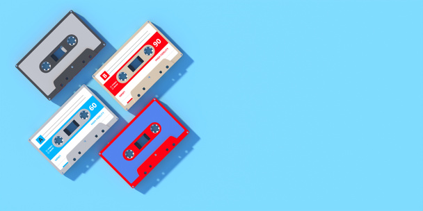 Vintage-Party-Musik im Retro-Stil, 80er-Jahre-Songs. Musiksammlung, Audio-Kassetten auf blauem Hintergrund, Draufsicht, Kopierraum. 3D-Illustration - Foto, Bild