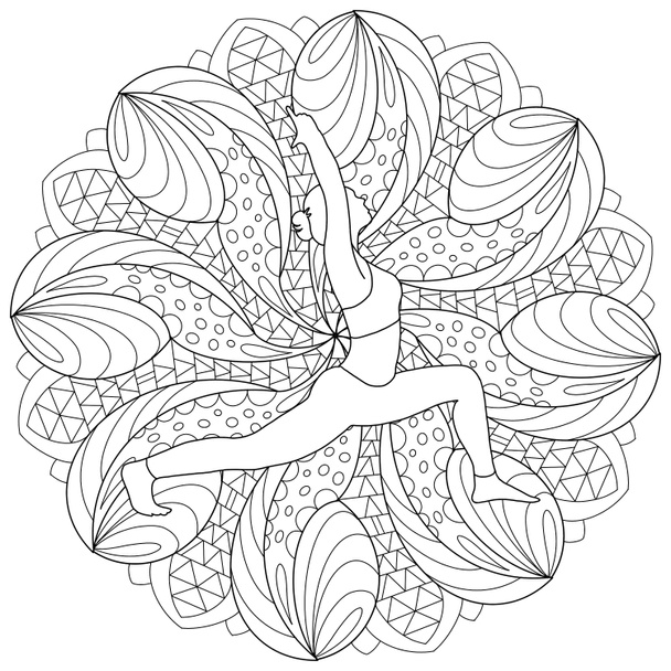 Coloring book page mandala with yoga pose asanas. Yoga school coloring page. Use for adults and children as art therapy. - Photo, Image