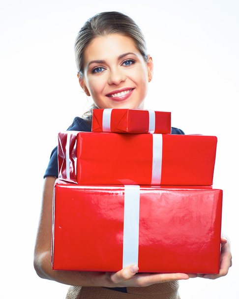 Woman holds gift boxes - Фото, зображення