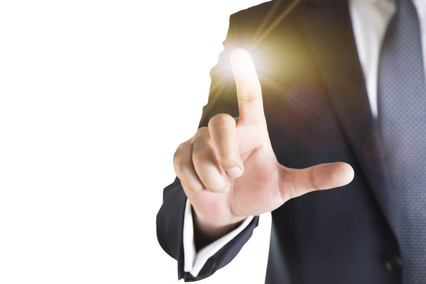 Businessman hand touching shining button on virtual screen - Photo, Image