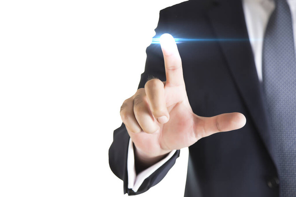 Geschäftsmann tippt Hand auf leuchtenden Knopf auf virtuellem Bildschirm - Foto, Bild
