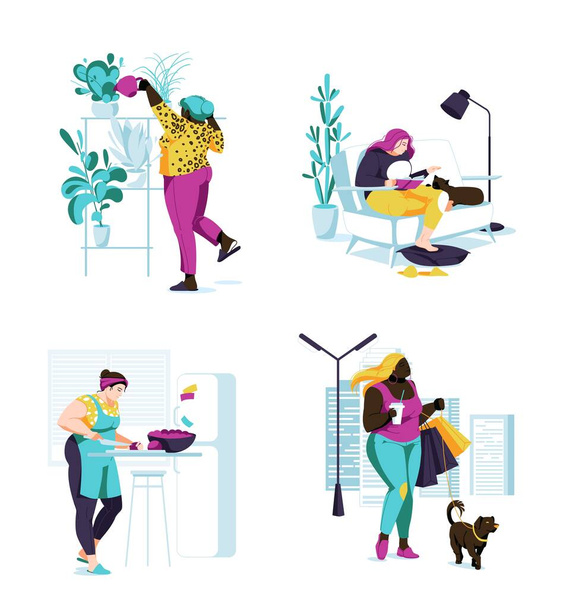 Body Positive Women Female Characters spend  Nap Time Set. Different races Irrigation a Plant, Cooking, Reading a Book with cat, Walking with a Dog.  Cartoon Flat Vector Illustration  - Vector, Image