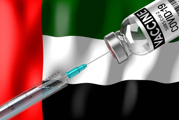 Covid-19, SARS-CoV-2, programa de vacinação contra o coronavírus nos Emirados Árabes Unidos, frasco para injetáveis e seringa - ilustração 3D - Foto, Imagem
