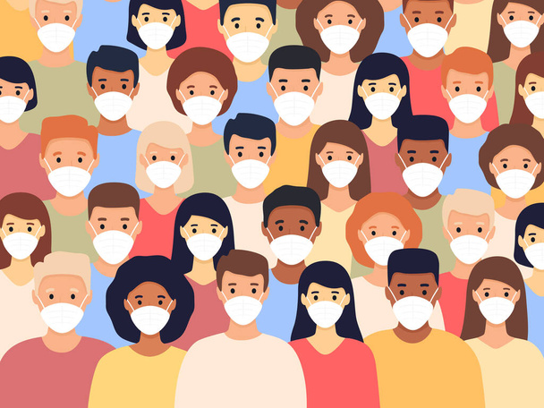 Groep multiculturele mannen en vrouwen met medische maskers. Coronavirus pandemie. Pandemisch concept. Mensen met een beschermend gezichtsmasker. Vector illustratie in een platte stijl. - Vector, afbeelding