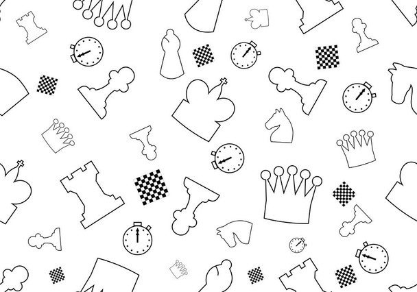 Pattern or print with chess, queen, king, rook, bishop, knight, pawn, stopwatch and board motifs with black outline and no filling - Vector, Image