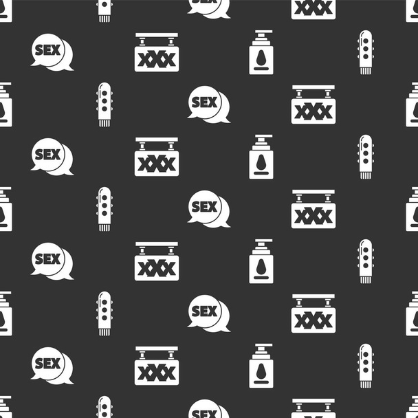 Set Personal lubricant, Dildo vibrator, Speech bubble with Sex and Sex shop on seamless pattern. Vector. - Διάνυσμα, εικόνα