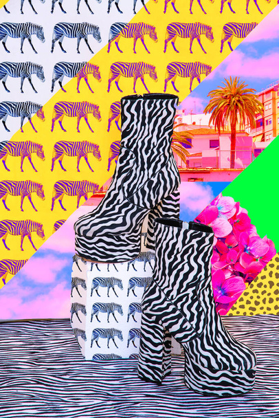 Minimal tropical art collage. Wallpaper. Beach summer texture and zebra stylish Boots. Still life fashion scene. Fashion and Vacation concept - Photo, Image