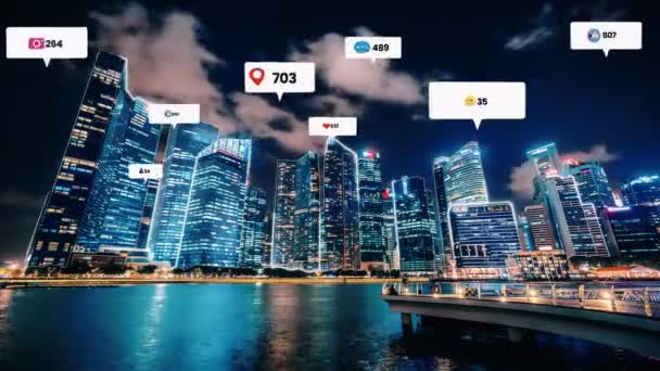 Iconos de redes sociales vuelan sobre el centro de la ciudad mostrando conexión de compromiso - Metraje, vídeo
