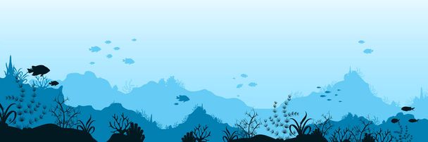 Underwater ocean world background. Black silhouettes swimming sea fish with blue outlines corals. - Vector, Image