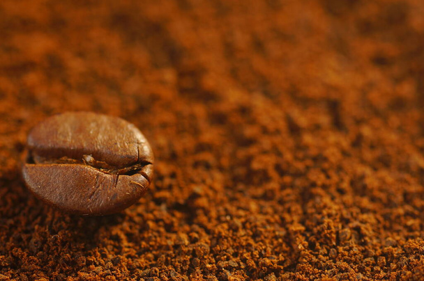 Chicco di caffè torrefatto - posato sopra caffè macinato usato. Primo piano su chicco di caffè con sfondo sfocato. Colore marrone, molti dettagli visibili. - Foto, immagini