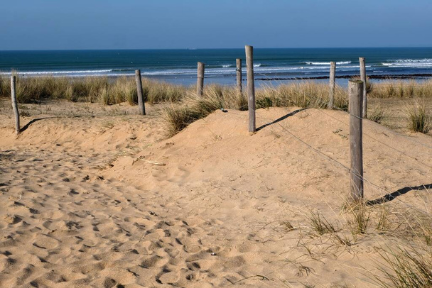 Травянистая песчаная дюна пляжа Тай Хоче в Плухарнеле, выходящая на Атлантический океан - Фото, изображение