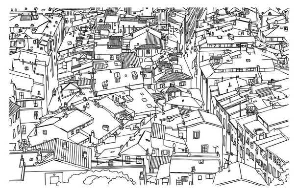 Techos de tejas rojas de Vieux Nice. Paisaje panorámico vista aérea de la ciudad de Niza, Francia. techos rojos,. Cote d 'azur en Francia. Vista superior. Estilo de contorno. Arte de línea. Vector - Vector, imagen
