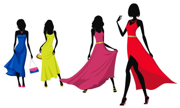Colorful cocktail dresses on female models on the catwalk. Woman fashion evening dresses vector illustration. - Vector, Image