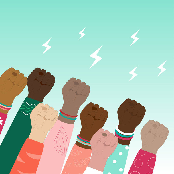 The concept of feminism, demonstration, protest, rally, unity. Vector illustration of raised fists of protesters women of different nationalities and races. - Vector, Image