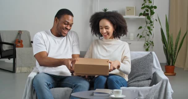 Afro-américain couple noir mari et femme consommateurs acheteurs reçoivent colis par courrier de magasin en ligne avec intérêt boîte ouverte en carton sentir plaisir surprise dans le cadeau du produit, concept de livraison - Séquence, vidéo