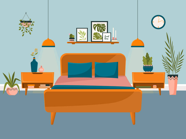 Vector illustration of a bedroom. Bed and bedside tables, decor from home plants, posters and candles. Flat design illustration. - Vector, Image