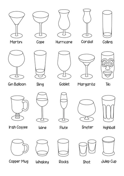 Collectie set van handgetekende tekenfilm stijl vector pictogram illustraties. Diverse alcohol cocktailglazen high ball martini margarita ouderwets schot. Voor kaart, A4 poster of barmenu recept. - Vector, afbeelding