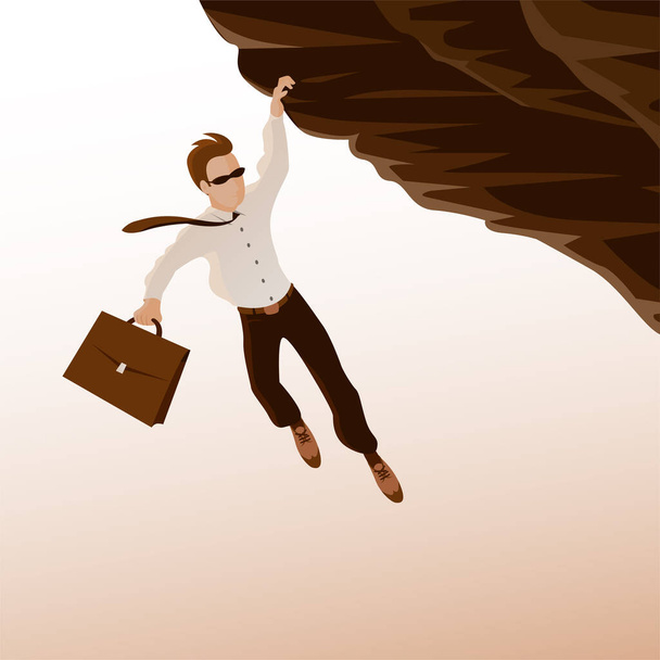 Egy nyakkendős üzletember veszélyesen lóg egy szikla szélén. Aktatáska a kézben. A kockázat vagy a gazdasági válság jelképe. Vektor rajzfilm illusztráció - Vektor, kép