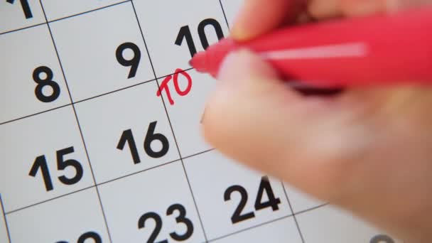 Close-up Womans hand van het schrijven Toefl Test op witte kalender boord. - Video