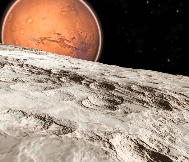 Vista de Marte vista desde Phobos, Deimos las dos lunas de Marte, satélites naturales orbitando el Planeta Rojo. Exploración. Descubrimientos. 3D render. Elemento de esta imagen son proporcionados por la Nasa - Foto, imagen