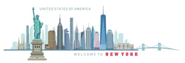 New York metropolitní panorama krajiny, socha svobody a monumentální stavby. - Vektor, obrázek