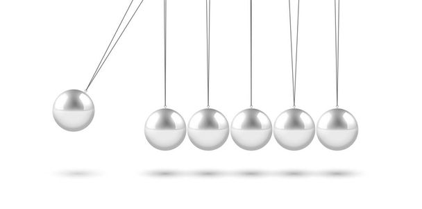 Newton-Wiege mit ausgleichendem Pendel aus silbernen Metallkugeln auf weißem Hintergrund - Vektor, Bild