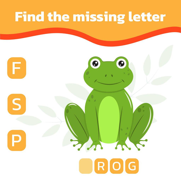 Najdi chybějící dopis. Vzdělávací hláskovací hra pro děti. Zelená žába. Cvičím anglickou abecedu. Vektorová ilustrace. - Vektor, obrázek