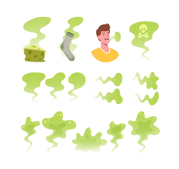 Conjunto de iconos Bad Smell Theme. Nubes Tóxicas Verdes, Calcetín Apestoso y Pieza de Queso, Hombre con Nube de Respiración Asquerosa - Vector, Imagen