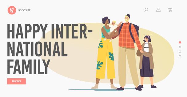 Happy International Family Landing Page Template. Interracial Parents and Kids. Multicultural and Multiracial Characters - Vector, Image