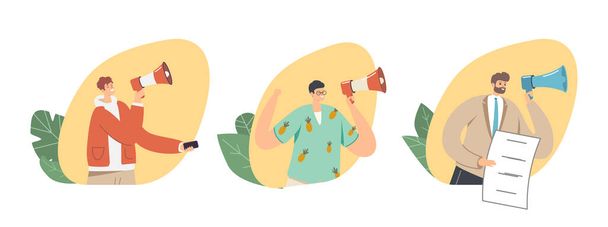 Set of Male Characters with Loudspeaker. Man Shouting to Megaphone Alert Advertising Campaign, Public Relations Affairs - Vector, Image