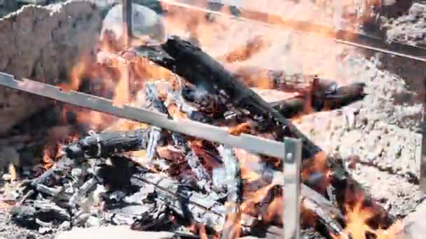 Lähikuva tulipalo, polttava puu ja tyhjä grilli, 4k - Materiaali, video