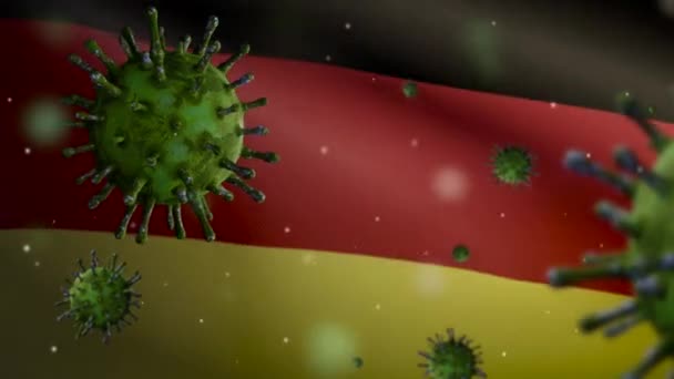 Ilustracja 3D wirus grypy unoszący się nad niemiecką flagą, patogen atakuje drogi oddechowe. Niemiecki sztandar machający pandemią Covid19 infekcja wirusem. Zamknij prawdziwe tkaniny tekstury chorąży Dan - Materiał filmowy, wideo