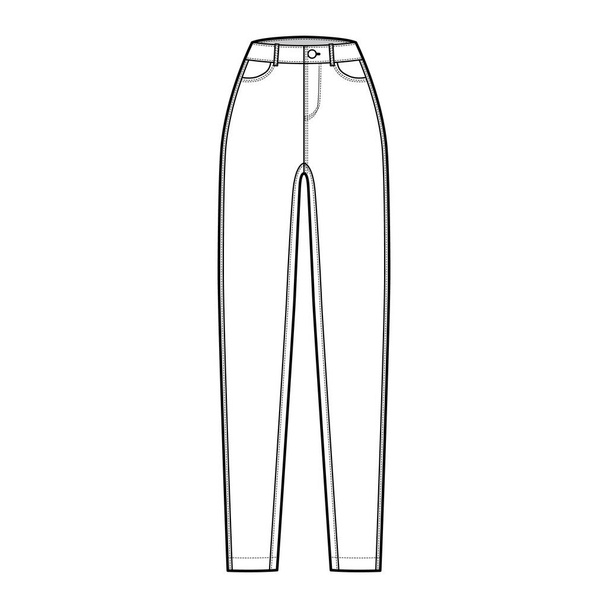 Jeans verjüngte Jeanshose technische Modeillustration mit voller Länge, normaler Taille, 5 Taschen, Nieten, Gürtelschlaufen - Vektor, Bild