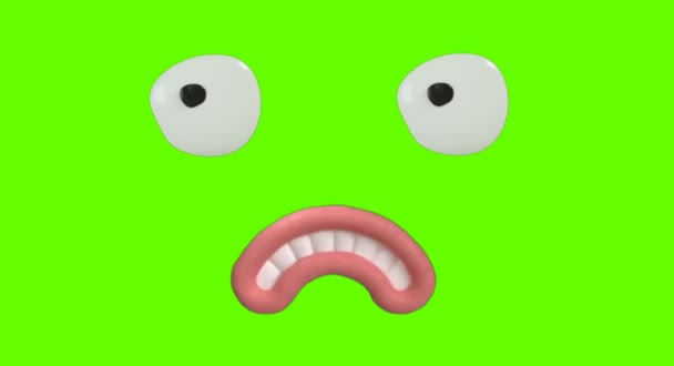 Funny Cartoon Face Reacción con los ojos y la boca en el fondo de pantalla verde. Expresiones faciales Animación 4K. Diferentes expresiones y emociones: sonrisa, enojo, risa, sorpresa. Animaciones 3D. - Metraje, vídeo
