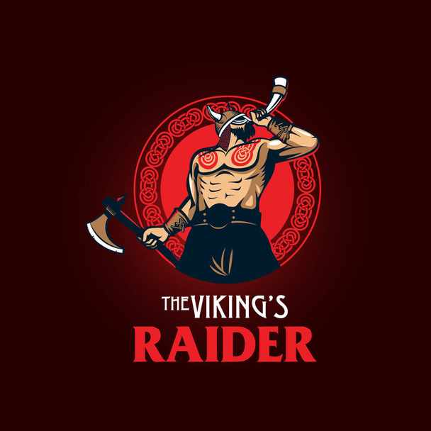 Символ в стиле Викинга Рейдера. рейдер викингов раздувает рог, готовый к войне - Вектор,изображение