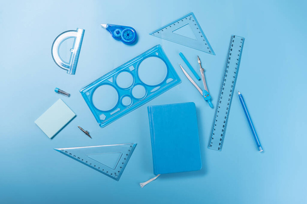 Stationery of the same color. All items are blue. Top. - Photo, Image