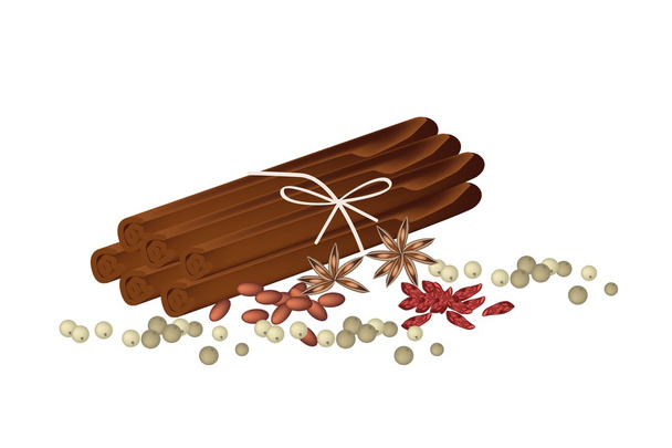 Anis étoilé séché avec bâtons de cannelle et grains de poivre
 - Vecteur, image